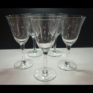 Set of 5 Vintage Etched Stem & Leaf Wine Glasses